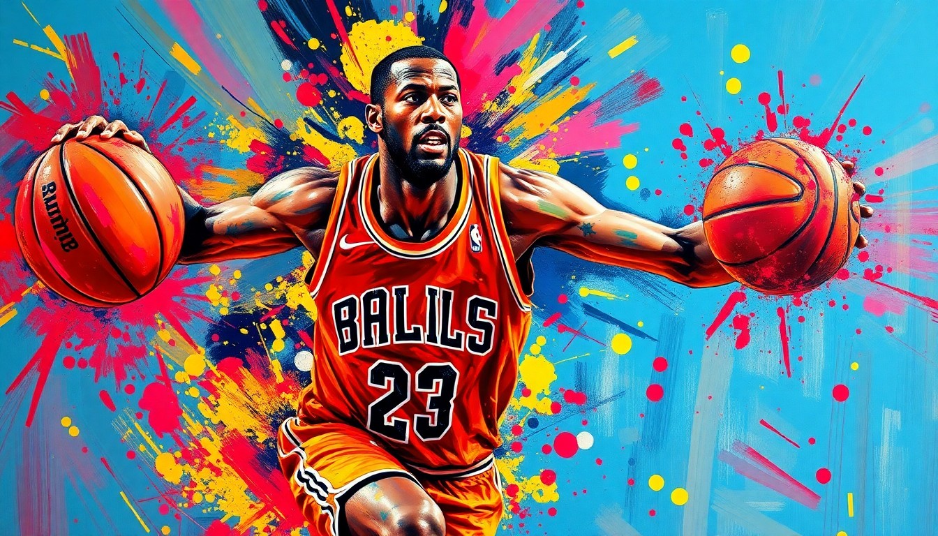 An abstract, expressionist painting in vibrant neon colors depicting the intense, dynamic motion of a basketball player, with the player's features obscured by the energetic brushstrokes.