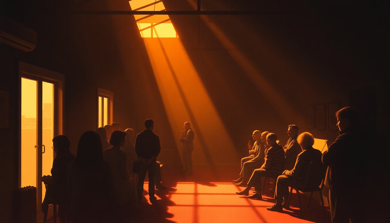A dimly lit, cinematic painting of a group of people gathered in a community center, with warm light and deep shadows creating a pensive, reflective mood.