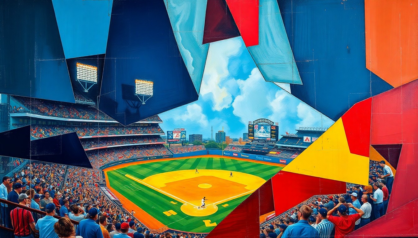 A cubist, geometric painting depicting a baseball game or match, with sharp overlapping planes of navy blue, crimson red, and golden yellow, capturing the dynamic energy of the sport.