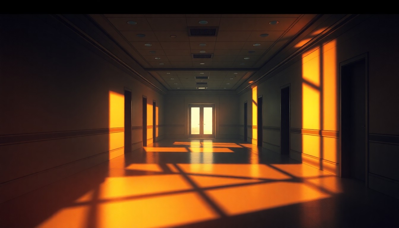 A dimly lit, cinematic painting of an empty government hallway with long shadows cast across the floor, conveying a sense of quiet contemplation and the weight of the ruling against the Pentagon's restrictive media policies.