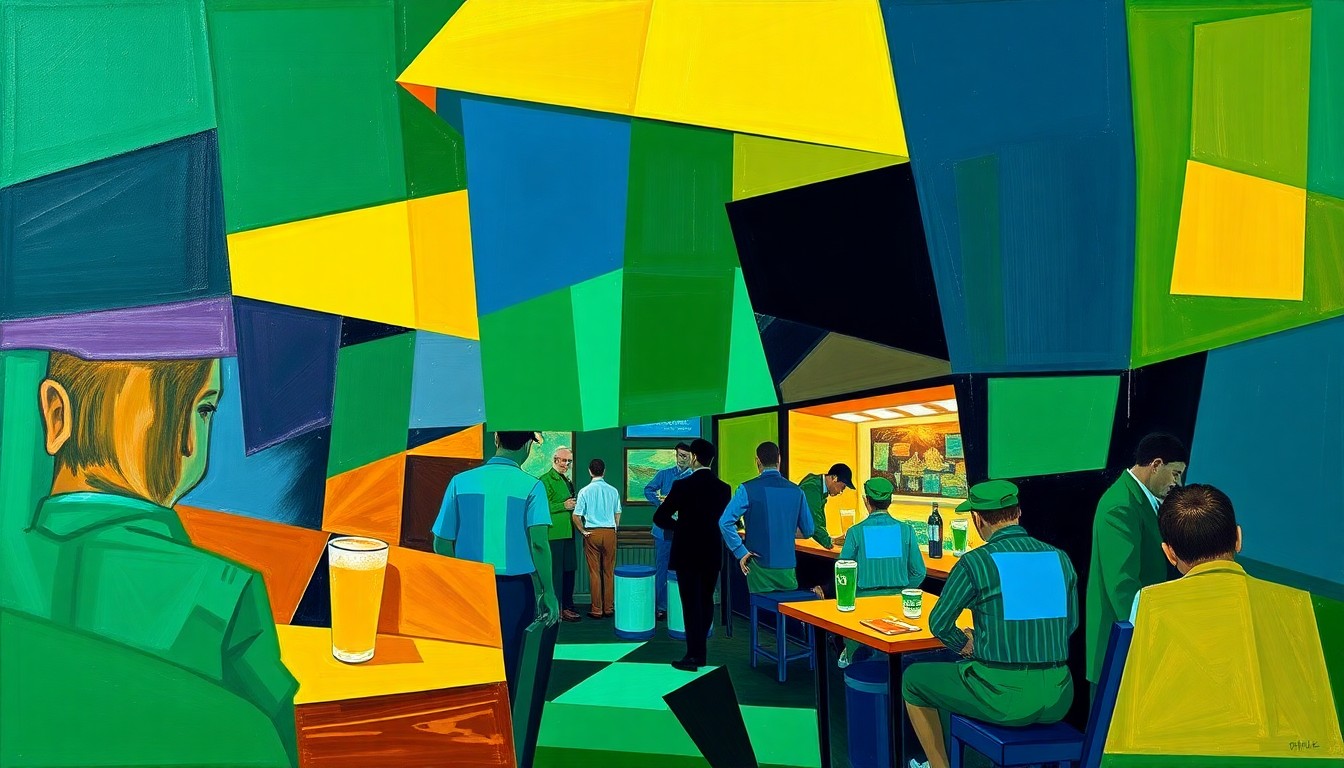 A cubist, geometric painting depicting a fragmented scene of a Masters Tournament beer concession stand, with overlapping planes of emerald green, amber gold, and deep blue colors representing the various cup types and beer offerings.