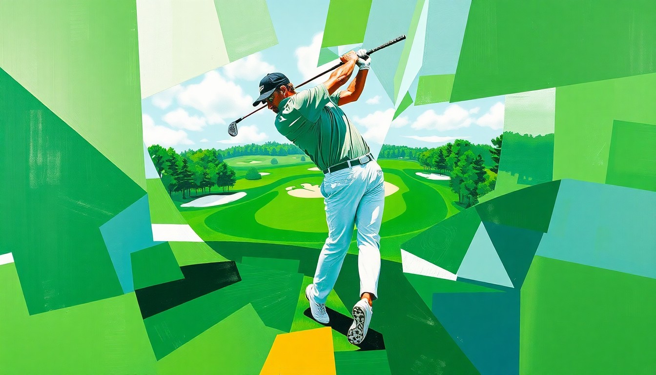 A fractured, multi-perspective painting in bold, geometric shapes and vibrant colors representing the energy and experience of a young golfer's Masters debut.