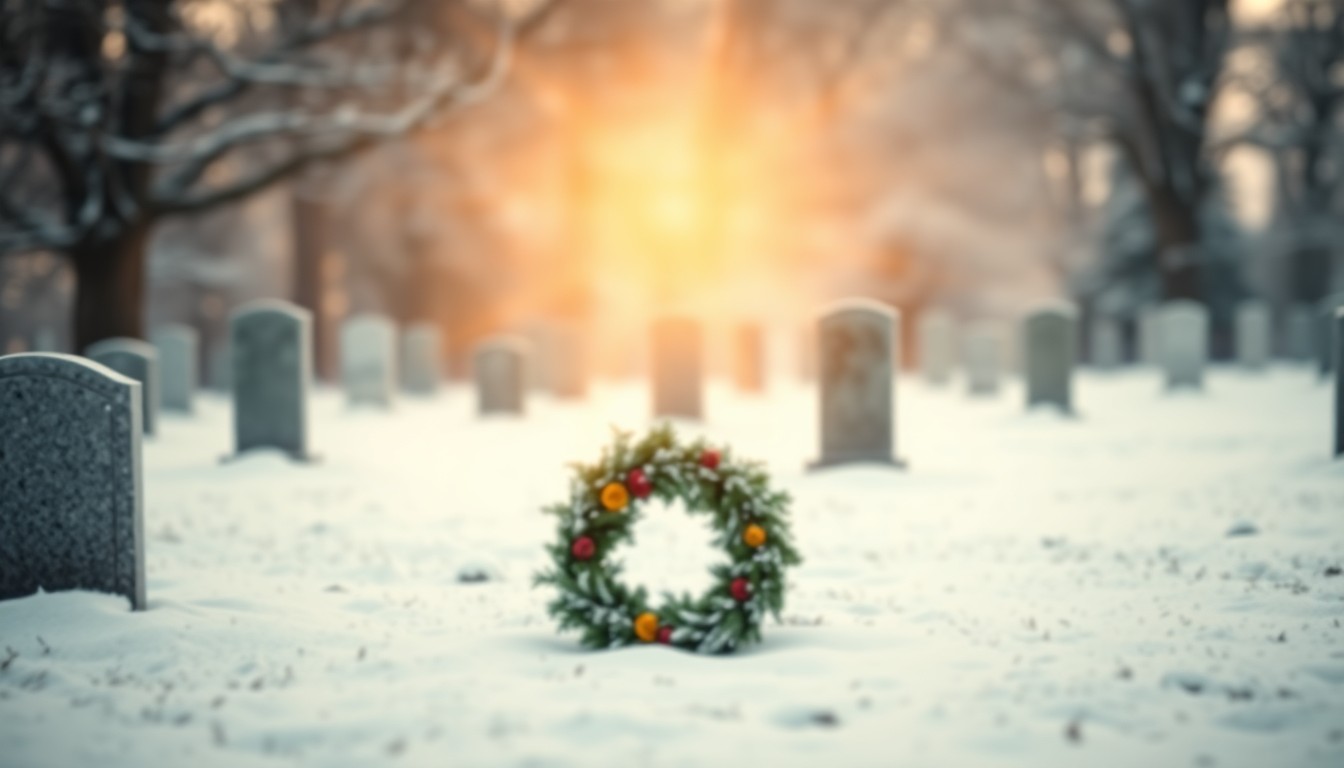 An abstract, impressionistic photograph of a snowy cemetery landscape, with blurred headstones and trees in the background and a single wreath in the foreground, glowing with warm, diffused light, conceptually representing the reverence and solemnity of the Wreaths Across America event.