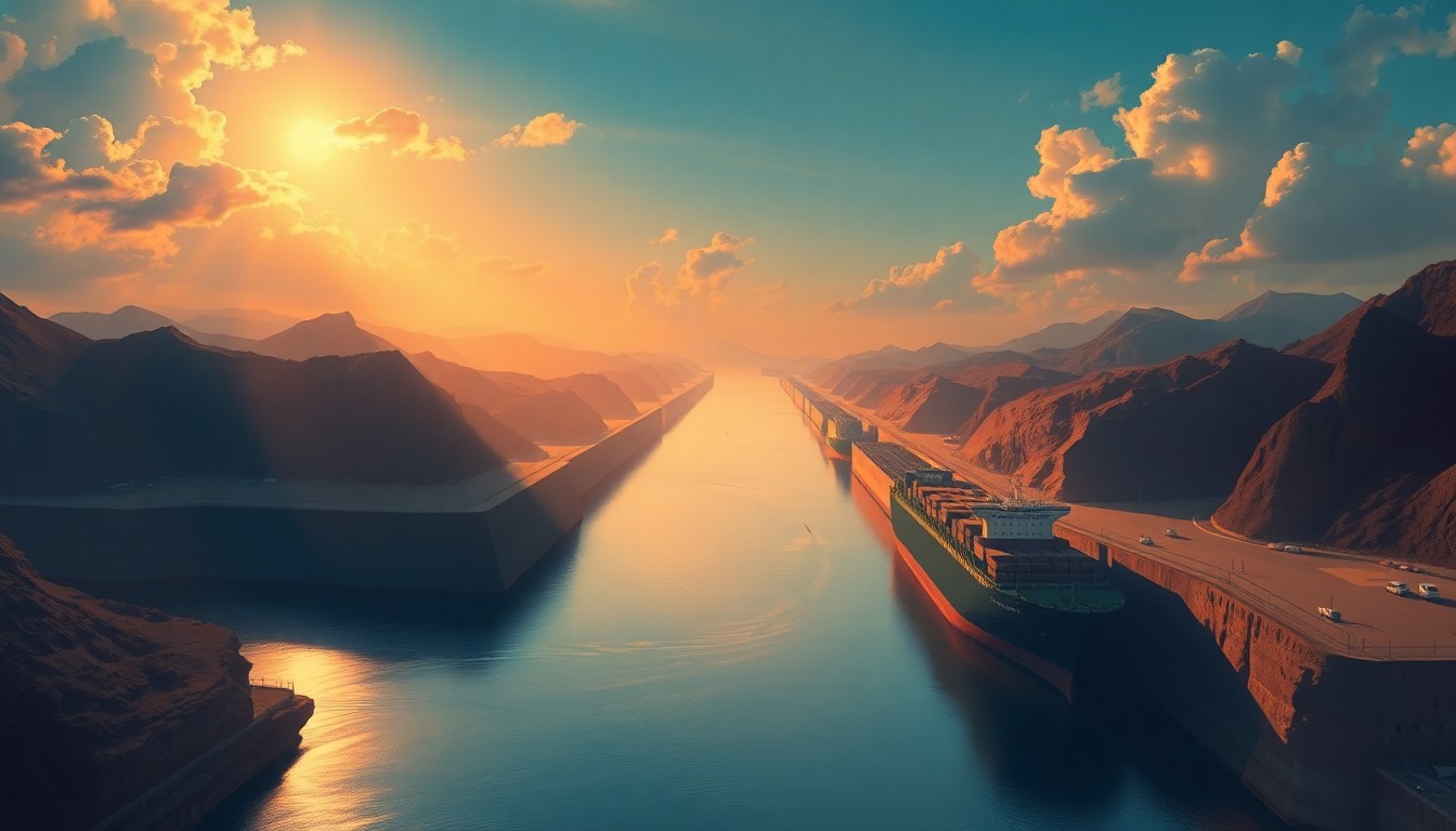 A serene, cinematic painting of the Panama Canal surrounded by lush greenery and warm sunlight, conveying the waterway's economic and geopolitical significance.