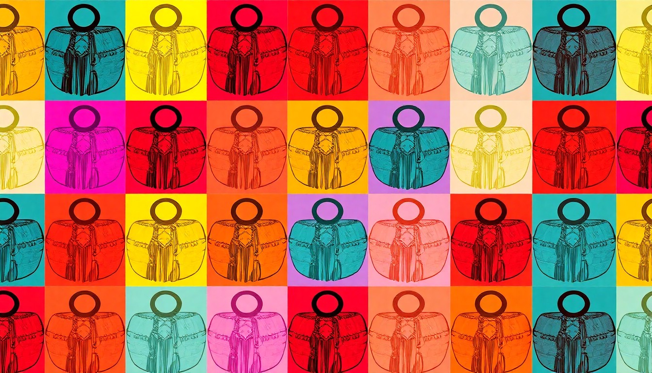 A highly stylized, silkscreen-inspired illustration featuring a repeating pattern of a traditional Native American woven basket in a grid of bold, neon-like colors, conceptually representing the student-led exhibit on Junaluska history.