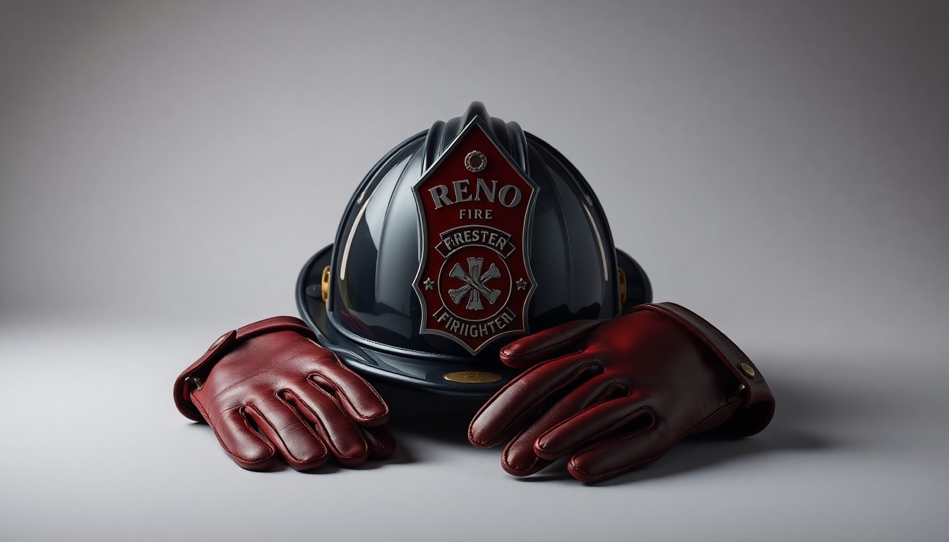 A high-end, photorealistic studio still-life photograph featuring the uniform and equipment of a Reno firefighter, conveying the professionalism and dedication of these public servants.