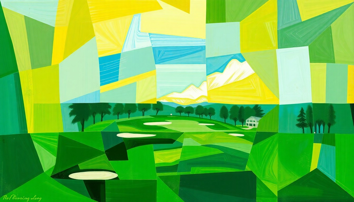 A fractured, multi-perspective painting in a cubist style, breaking down a college golf tournament into sharp, overlapping geometric planes in shades of green, blue, and yellow, capturing the dynamic energy of the sport.