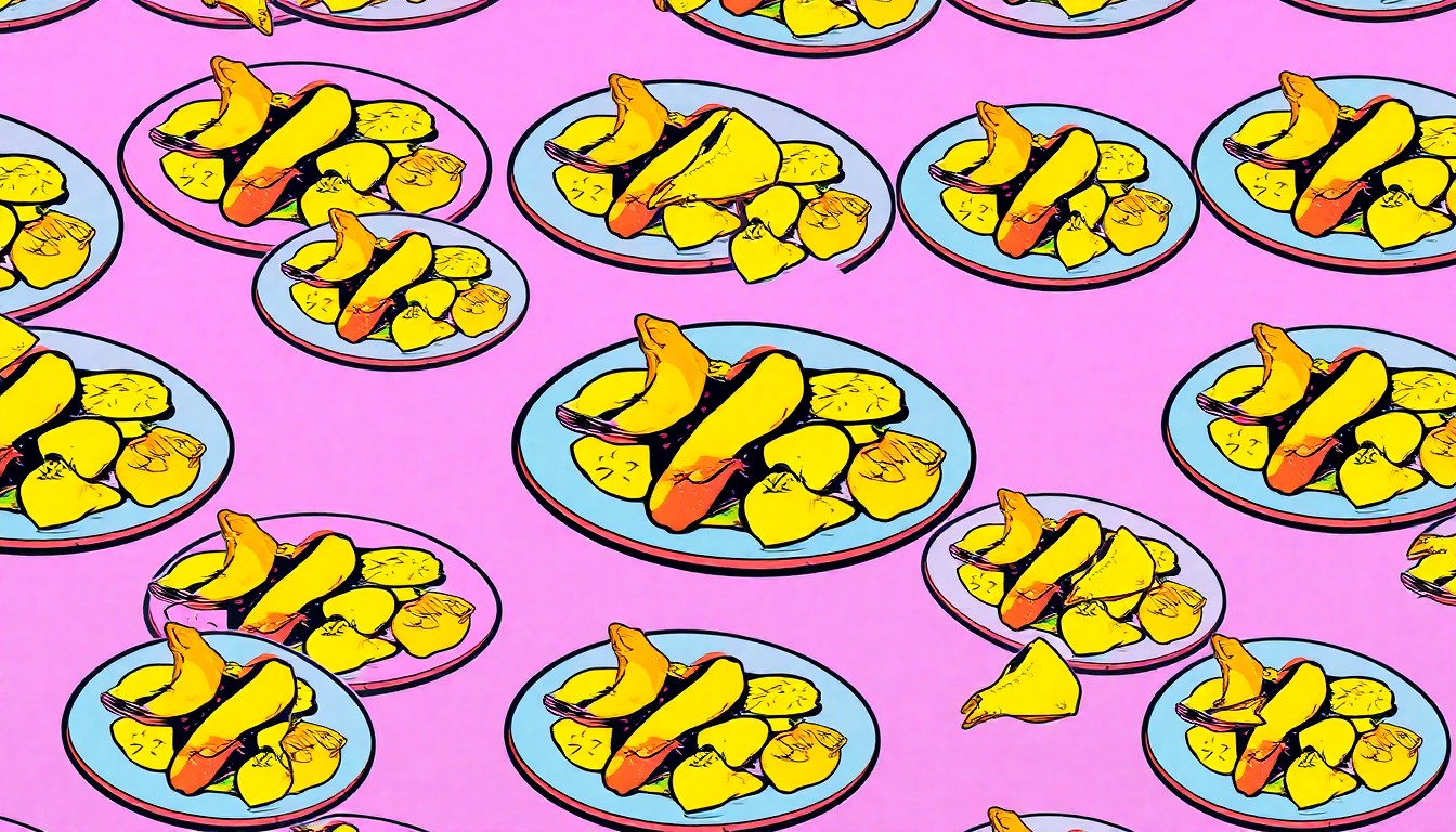 A vibrant, abstract silkscreen print featuring a repeating pattern of a seafood dish in bold, neon colors, conceptually representing the festive atmosphere and local flavors of the Brunswick Partnership for Housing fundraiser.