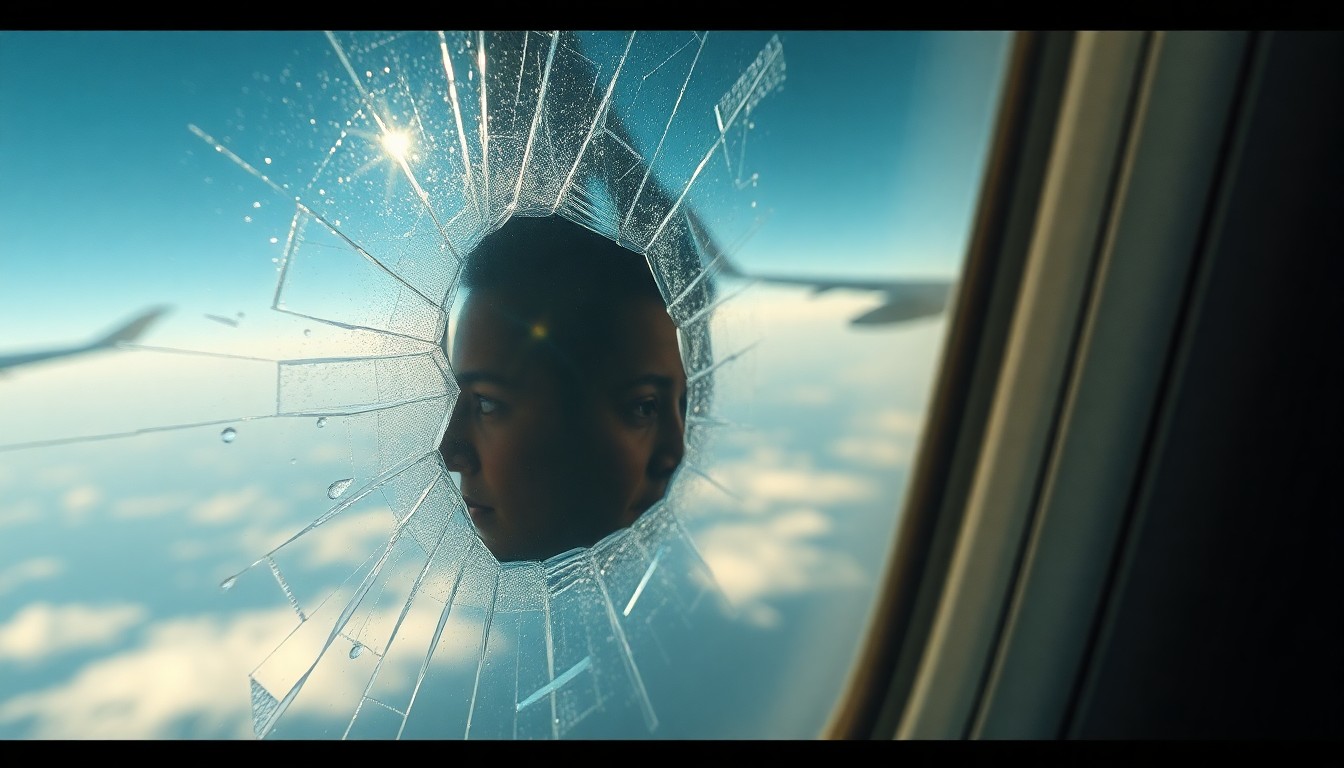 An abstract, high-contrast close-up photograph of a cracked, reflective airplane window, capturing the fragility and emotional weight of air travel experiences.
