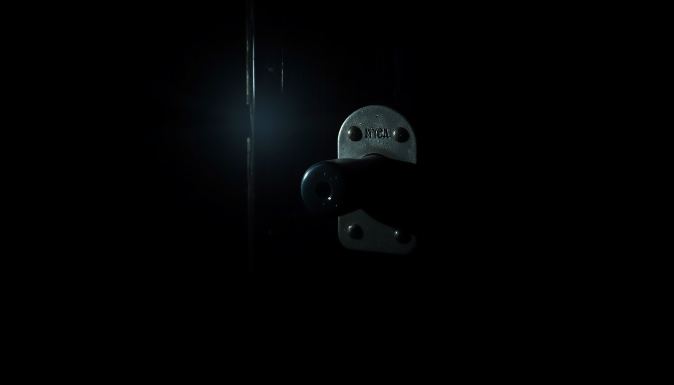 An extreme close-up of a broken apartment lock, conveying the gritty, investigative nature of the squatting issue in NYCHA buildings.