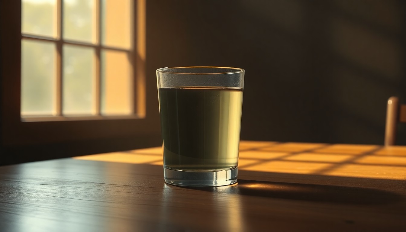 A close-up painting of a glass of discolored water sitting on a wooden table, with warm sunlight casting deep shadows across the scene, conceptually representing the murky politics surrounding water quality and public health.