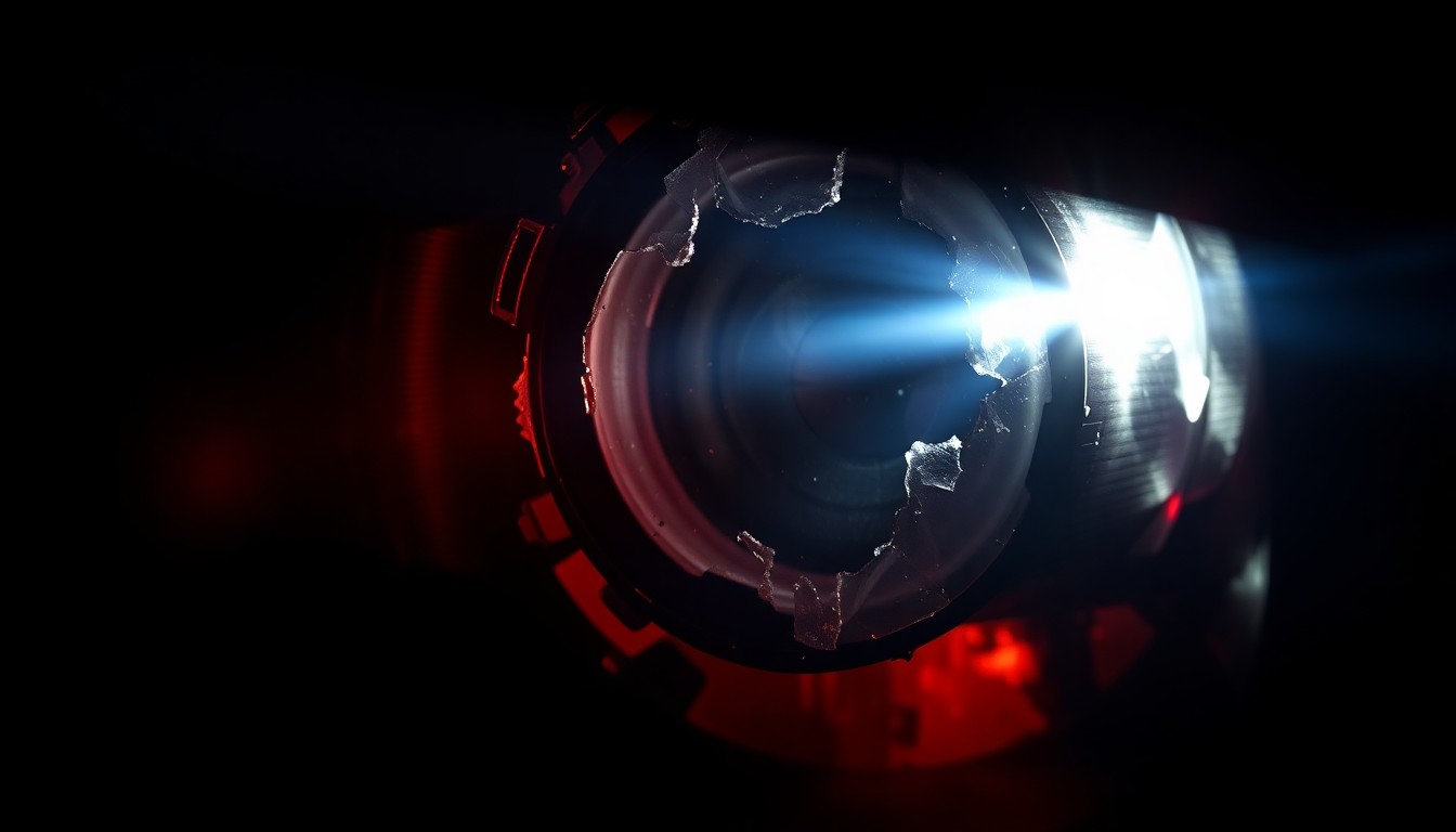 An extreme close-up photograph of a shattered car sensor or camera lens, reflecting a faint red light, conceptually illustrating the aftermath of a failed police pursuit intervention.