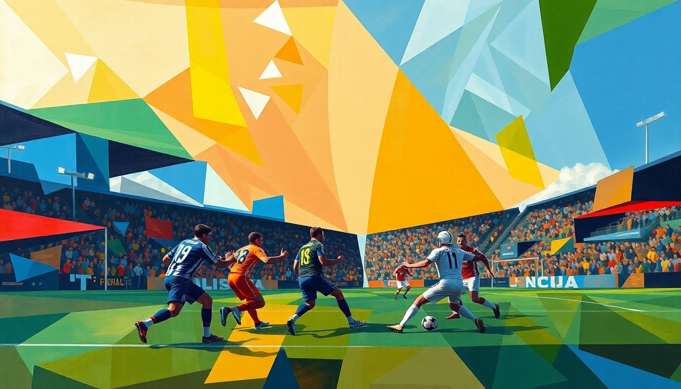 A fragmented, geometric painting in bold colors depicting an abstracted football game, with players and the field broken down into sharp, overlapping planes and shapes, conveying the strategic challenges facing the Rams' offense.