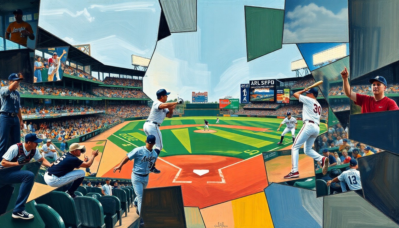 A cubist-style painting depicting a baseball game broken down into sharp, overlapping geometric shapes and planes of color, conveying the disjointed nature of the Padres' lineup.