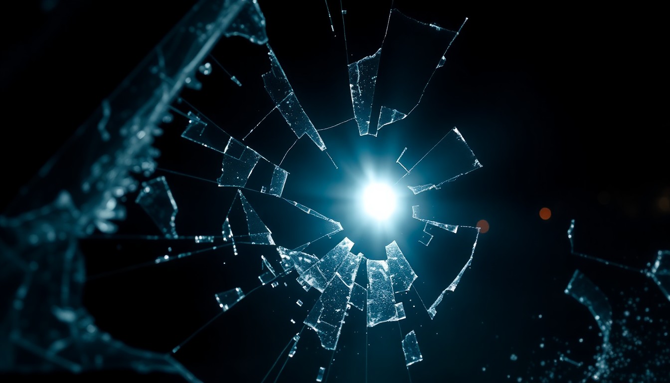 An extreme close-up photograph of shattered car window glass reflecting the harsh glare of a camera flash, conveying the gritty aftermath of a highway accident.