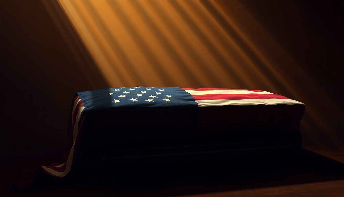 A muted, cinematic painting depicting an American flag draped over a military casket, the scene bathed in warm, directional light and deep shadows, conveying a sense of quiet reverence and melancholy.