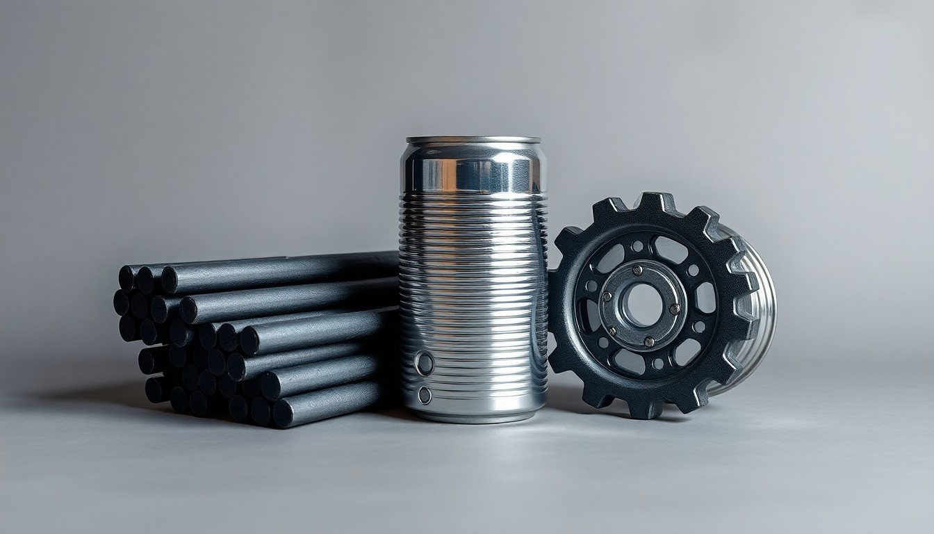 A photorealistic studio still life featuring a stack of steel rebar bars, a crushed aluminum can, and a gear cog arranged on a clean, matte grey background, conceptually representing the financial and industrial forces shaping the steel and recycling sectors.