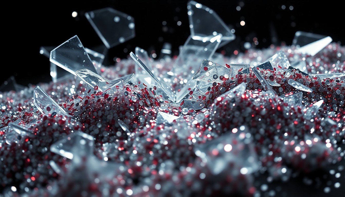 An abstract close-up image featuring shattered glass and glittering sequins, captured in dramatic high-contrast studio lighting to evoke a sense of glamour and fragility.