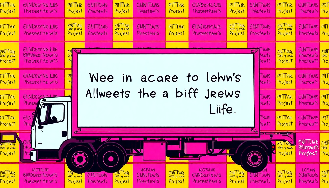 A highly stylized, pop art-inspired illustration of a mobile billboard truck carrying a simple protest message, rendered in a bold, neon color palette with heavy black outlines, conceptually representing the visual impact of the mobile billboard campaign.