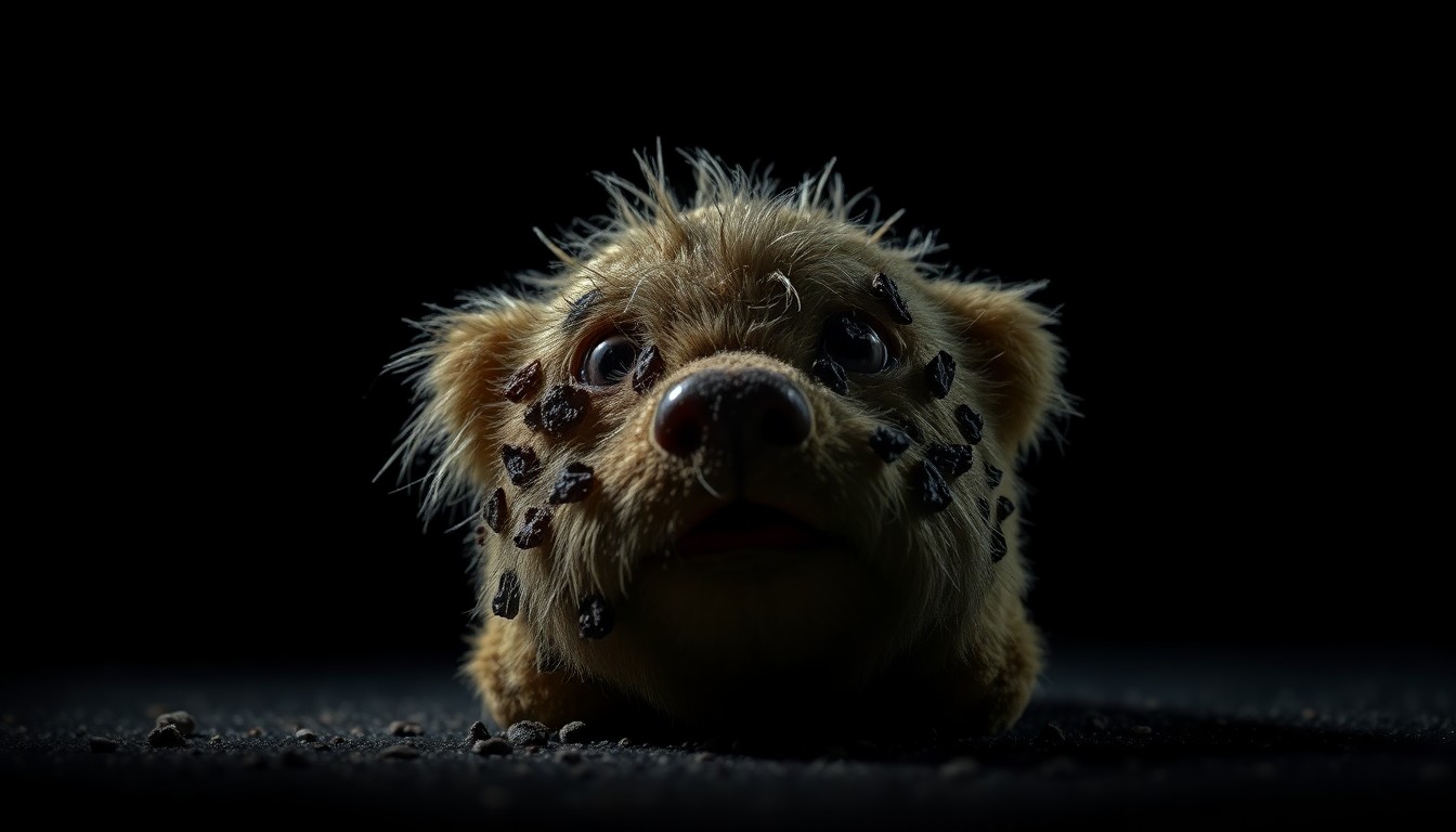 An extreme close-up photograph of a dirty, fur-covered child's toy against a stark black background, conceptually representing the unsanitary conditions alleged at the Homer daycare.