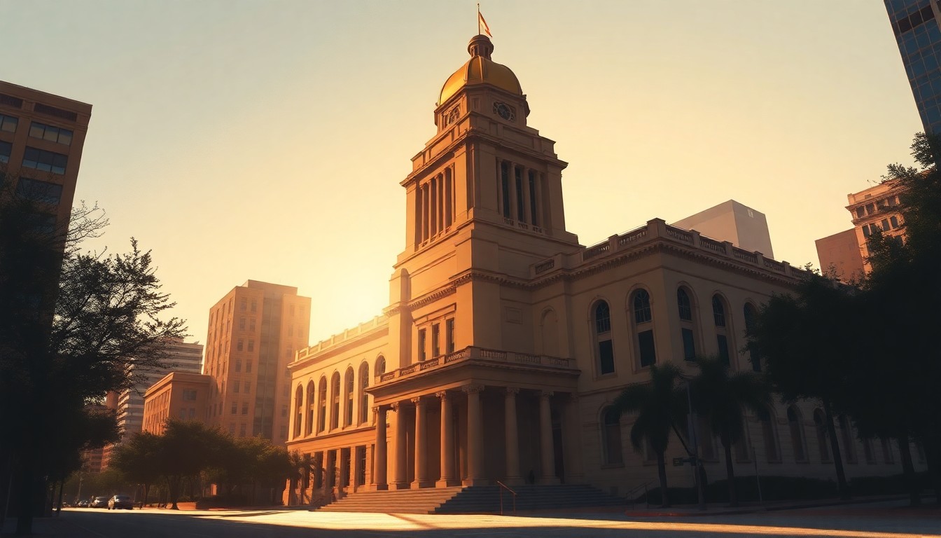 A photorealistic painting of the Dallas City Hall building in a warm, cinematic style, with the structure bathed in diagonal sunlight and deep shadows, conveying a sense of timeless civic presence.