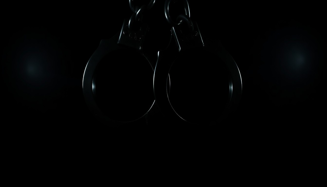 An extreme close-up photograph of a pair of metal handcuffs against a pitch-black background, the harsh flash creating dramatic shadows and highlights that convey a sense of investigation and law enforcement.