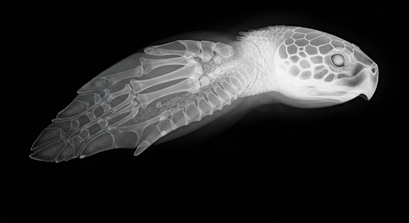 A ghostly, translucent X-ray photograph showing the internal bone structure and damaged tissue of a sea turtle's front flipper, conceptually illustrating the medical challenges of rehabilitating an injured marine animal.
