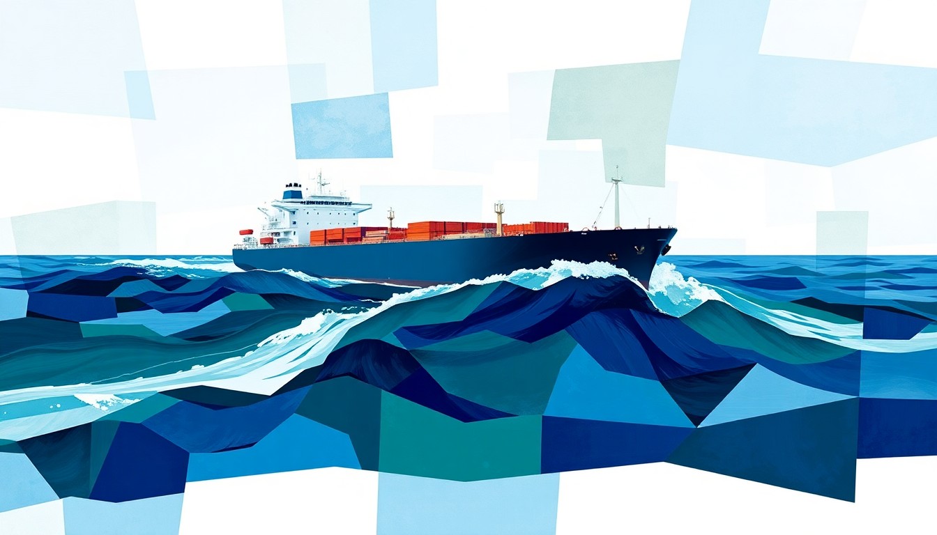 A fractured, geometric painting of an oil tanker ship speeding through the Strait of Hormuz, with overlapping waves of deep blues, greens, and grays, conceptually representing the disruption to global energy shipments.