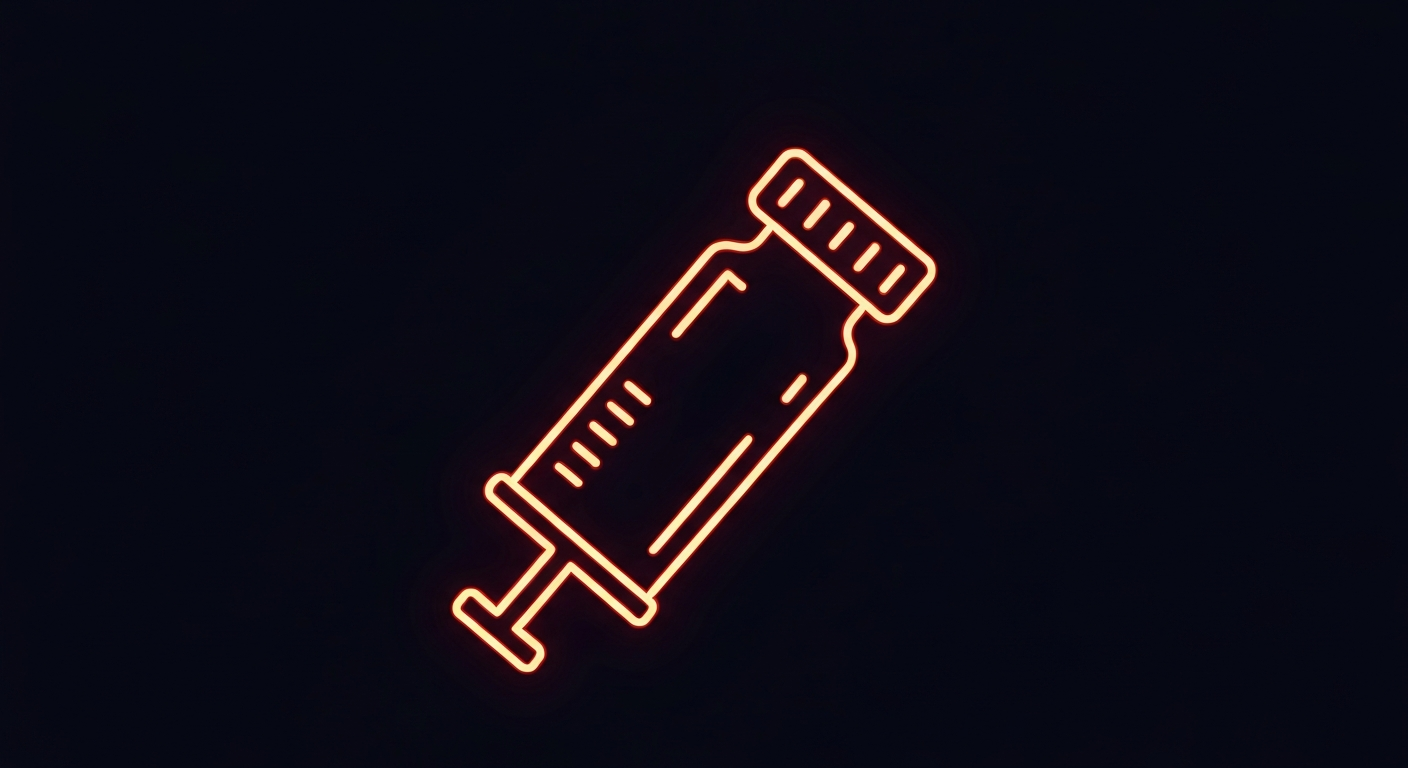 A glowing, neon-outlined medical container against a dark background, conceptually representing the ethical issues with Medvi's marketing practices.