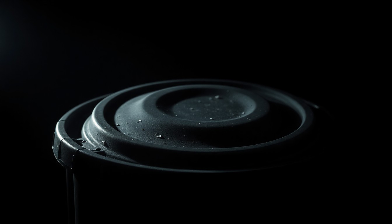 An extreme close-up photograph of a discarded garbage can lid, lit by a harsh, direct camera flash against a pitch-black background, conceptually representing the grim discovery of a victim's remains and the investigation into a violent crime.