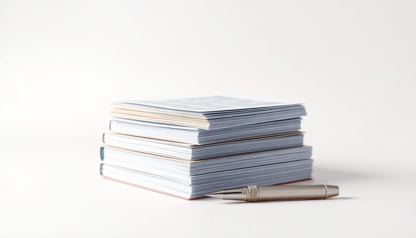 A photorealistic studio still life featuring a stack of polished metal banking ledgers and a single silver fountain pen on a clean, monochromatic background, conceptually representing the abstract ideas of corporate finance, strategy, and leadership transition.