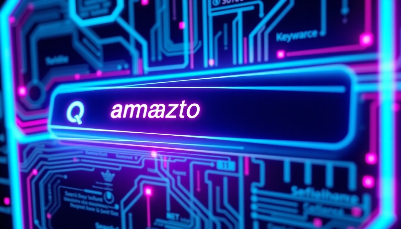 A highly detailed, glowing 3D illustration of a futuristic Amazon search interface, with neon lights highlighting the digital infrastructure and data visualizations, conceptually representing the advanced analytics capabilities of the Ecominsights platform.