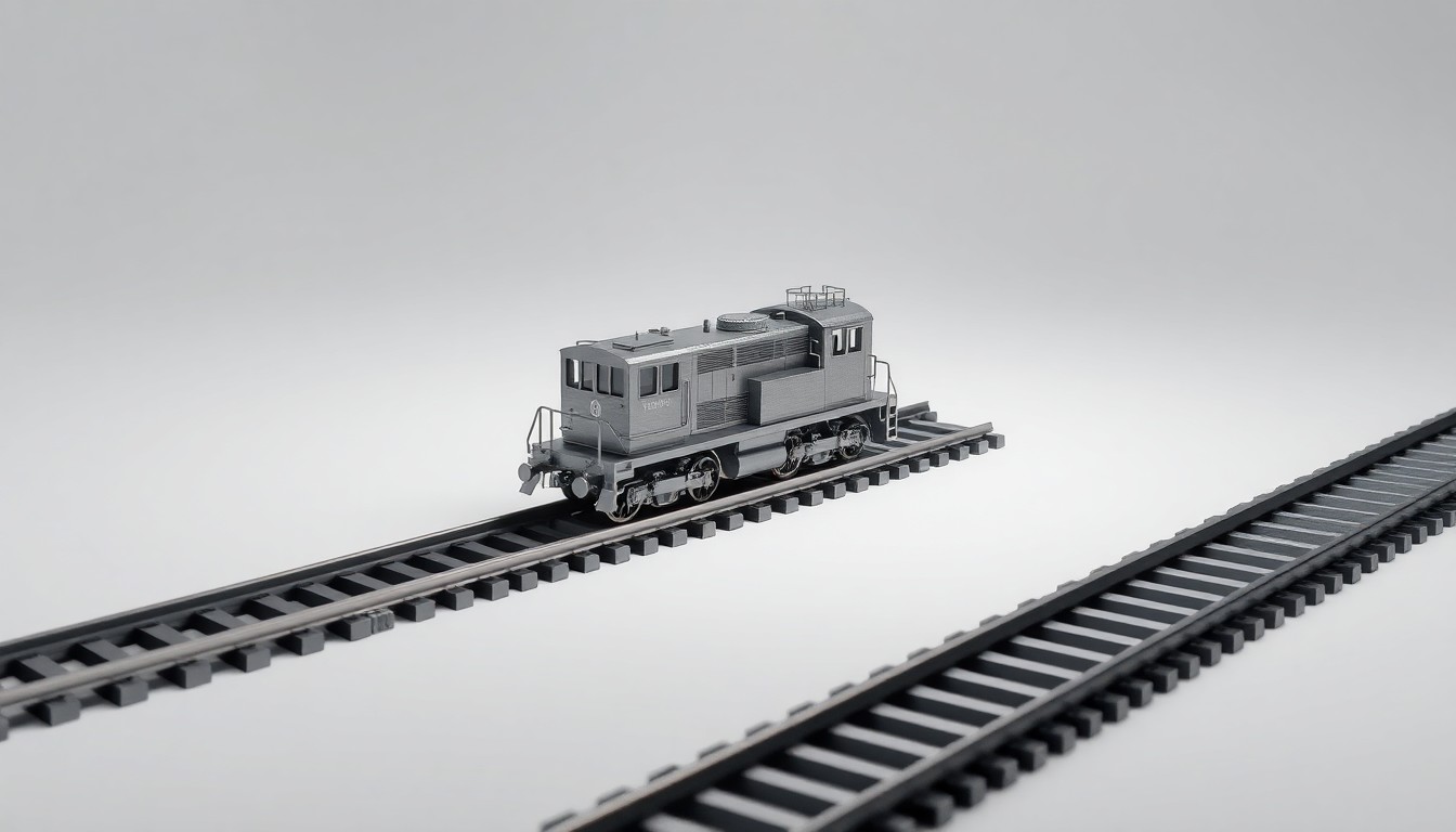 A photorealistic studio still life featuring a sleek metallic model train and polished steel railroad tracks, symbolizing the upcoming regional rail line.