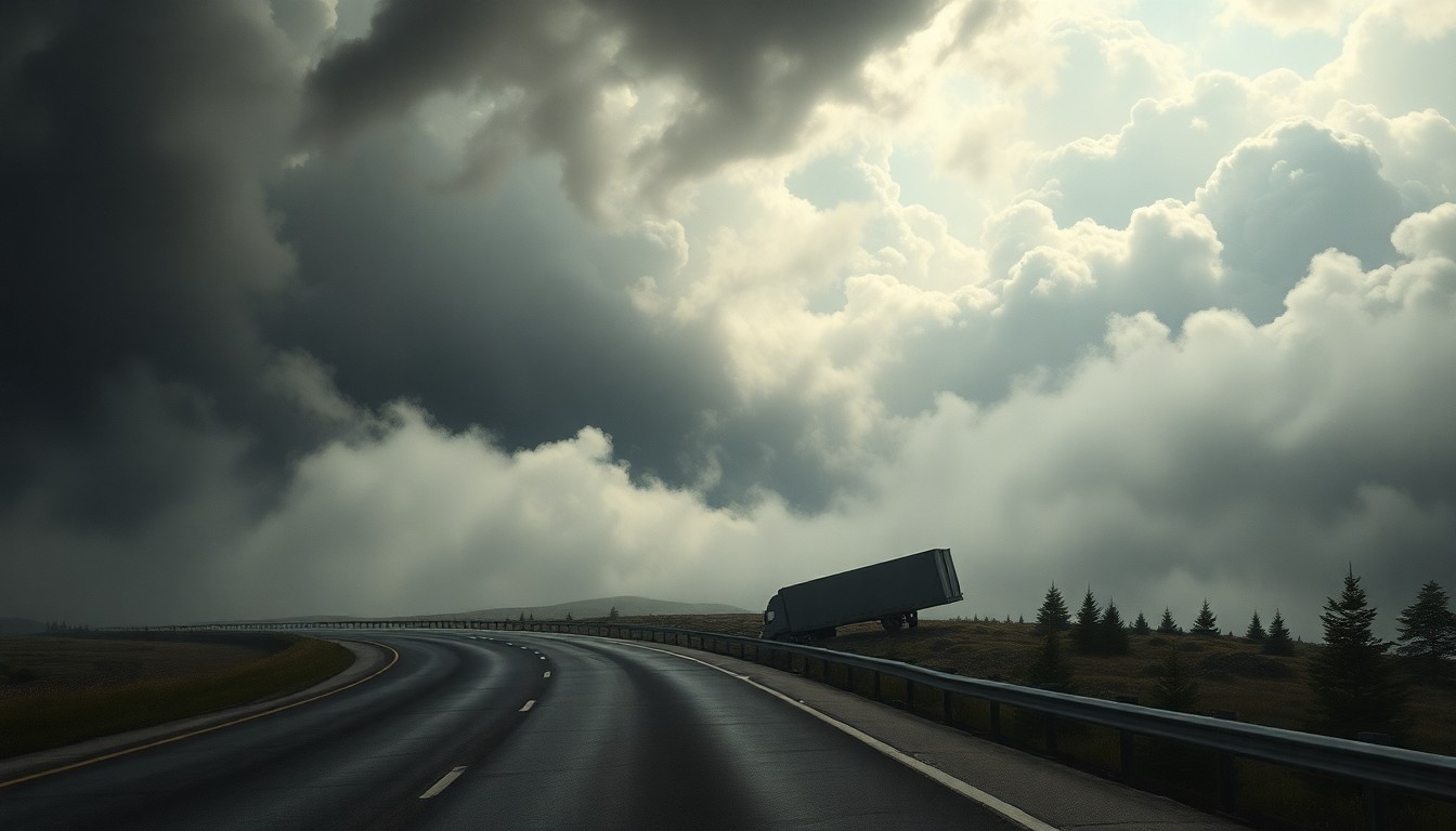 A sweeping, atmospheric landscape painting in muted tones, with a winding highway exit ramp partially obscured by heavy fog and ominous storm clouds, the silhouette of an overturned tractor-trailer barely visible in the distance, dwarfed by the immense, sublime power of the natural environment.
