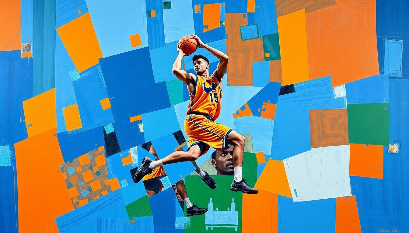 A cubist-style painting depicting a basketball player's movements broken down into sharp, overlapping geometric shapes in vibrant colors, conceptually representing the nuanced factors an athlete considers when transferring programs.