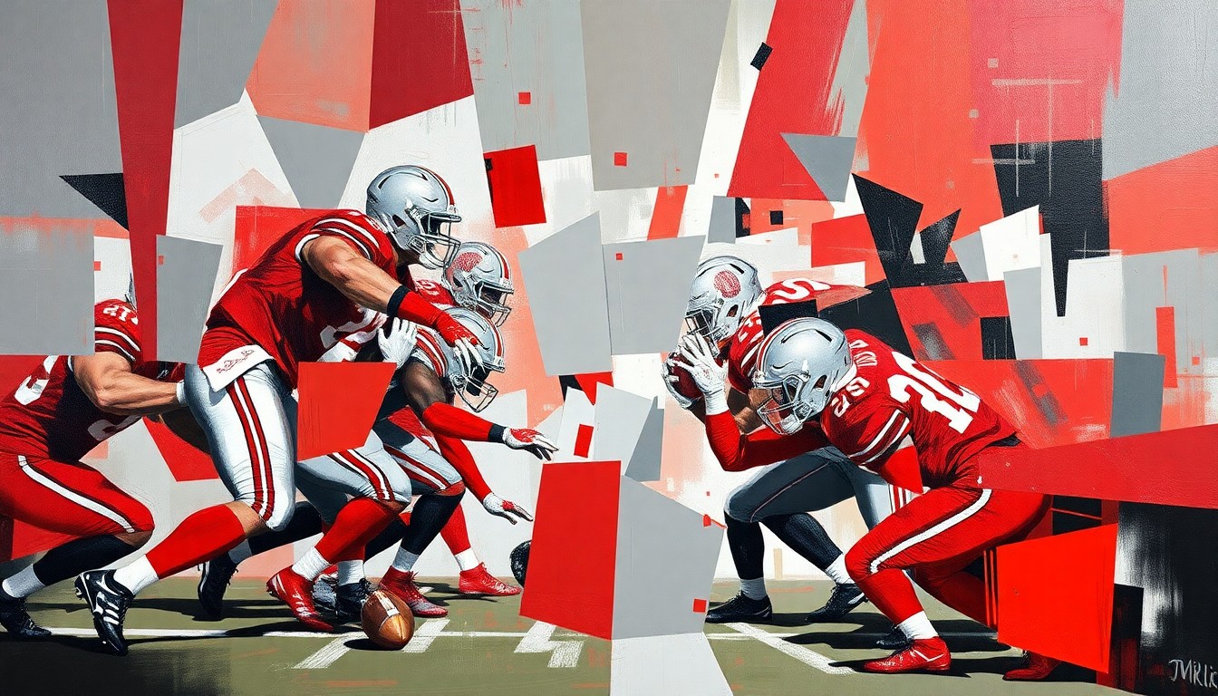 A cubist, geometric painting depicting an Ohio State football defensive play, with sharp, overlapping planes of scarlet and gray representing the energy and movement of the game.