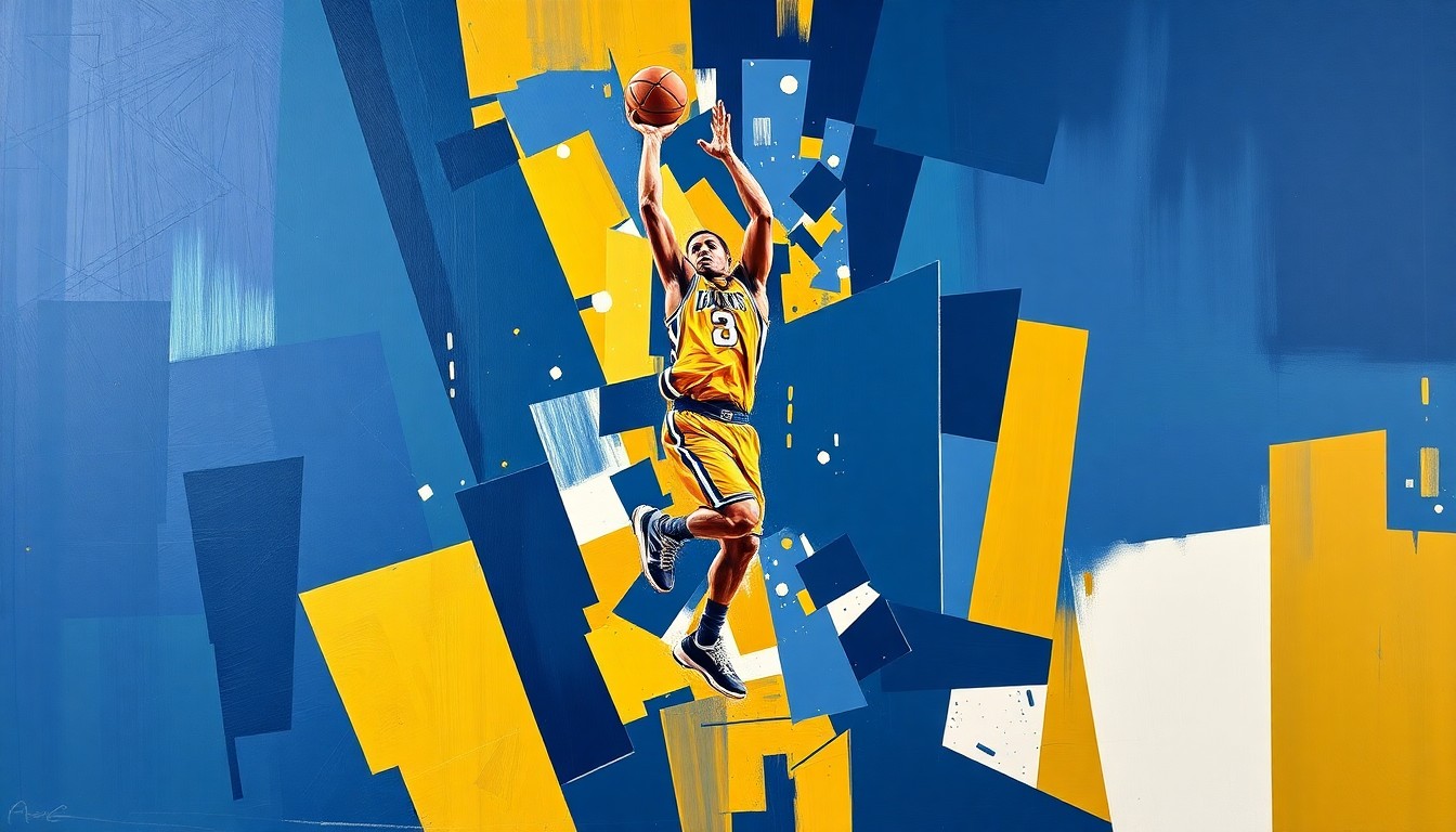 A fragmented, cubist-style painting depicting a basketball player in mid-jump shot, with sharp geometric shapes and planes of navy blue, gold, and white colors representing the Memphis Tigers.
