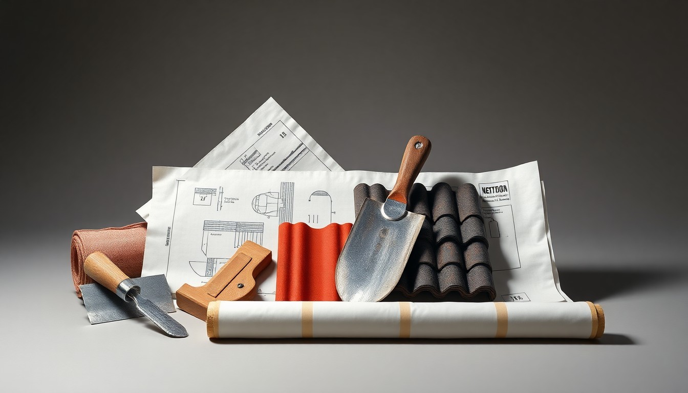 A minimalist studio still life featuring premium construction materials and tools, including a polished trowel, reinforced roofing tiles, and a weathered blueprint, arranged elegantly on a clean, monochromatic background to convey the craftsmanship and attention to detail that defines Coastal Homes' approach to luxury homebuilding.