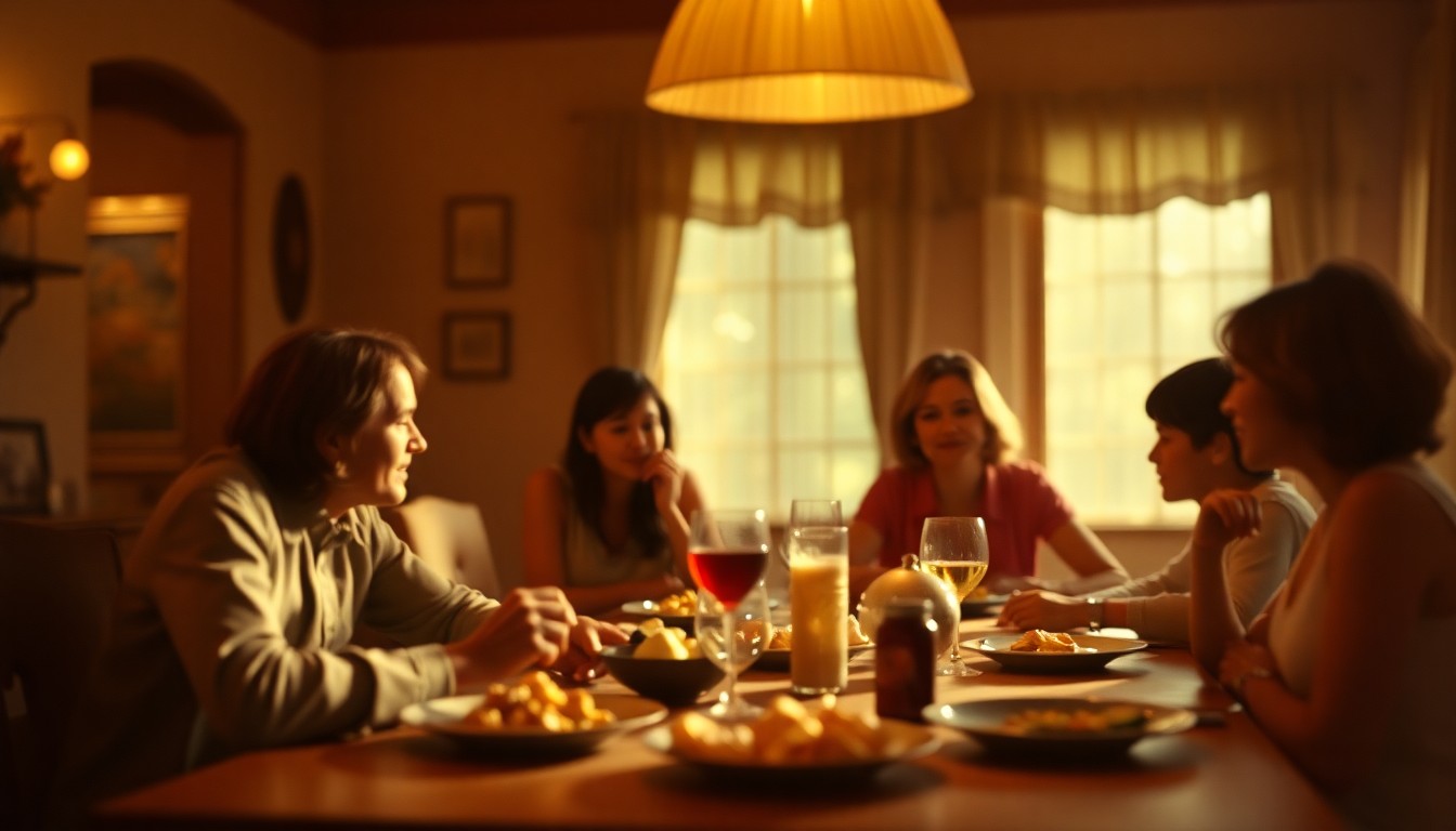 An extremely abstracted, out-of-focus photograph in warm tones, depicting a family gathered around a table, their faces and forms blurred into soft, indistinct shapes, conveying a sense of intimacy and timelessness.