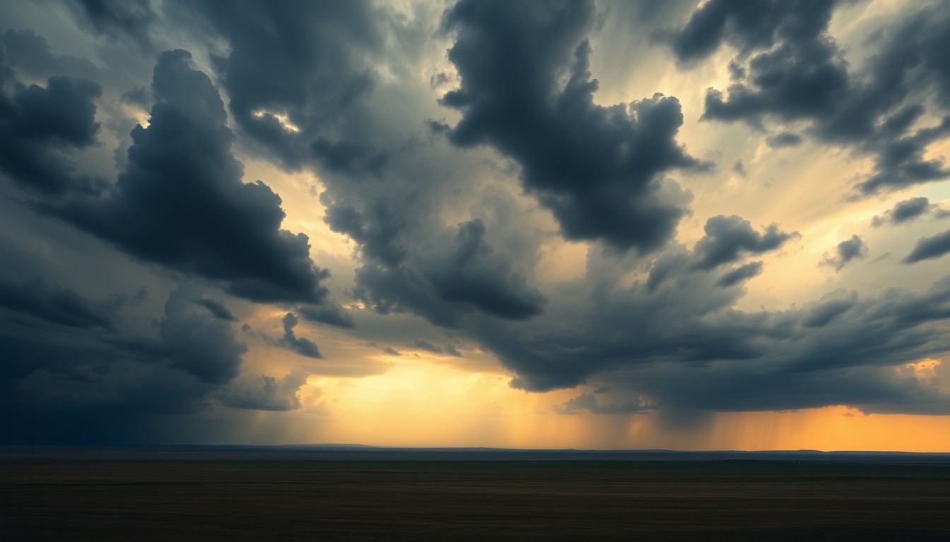 A dramatic, atmospheric landscape painting depicting a vast, open Nebraska sky filled with dark, ominous storm clouds, conveying the sense of scale and power of an approaching severe weather system.