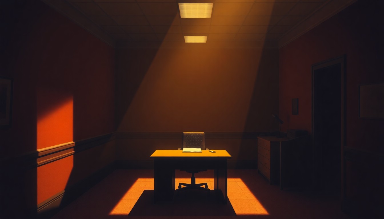 A dimly lit government office desk, with a single chair and a potted plant, bathed in warm, diagonal sunlight and deep shadows, conveying a sense of quiet contemplation and unease.