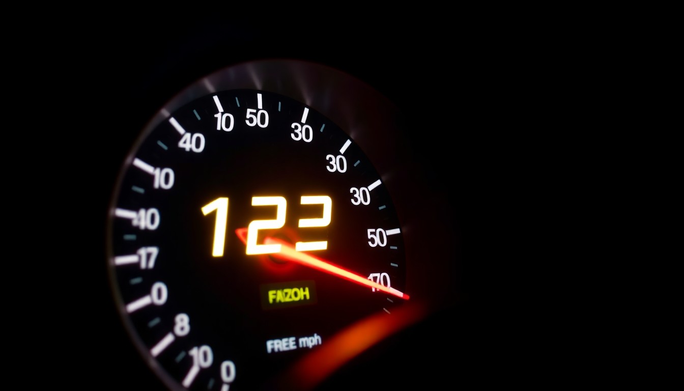 An extreme close-up of a car's speedometer needle frozen at 123 mph, the harsh flash creating a stark, gritty, investigative aesthetic that conceptually illustrates the dangers of drunk and reckless driving.