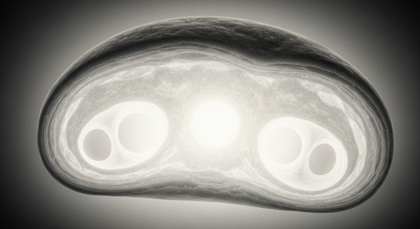 A ghostly, translucent X-ray photograph revealing the internal structure of a madeleine pastry, with the outline of a hazelnut nut visible inside.