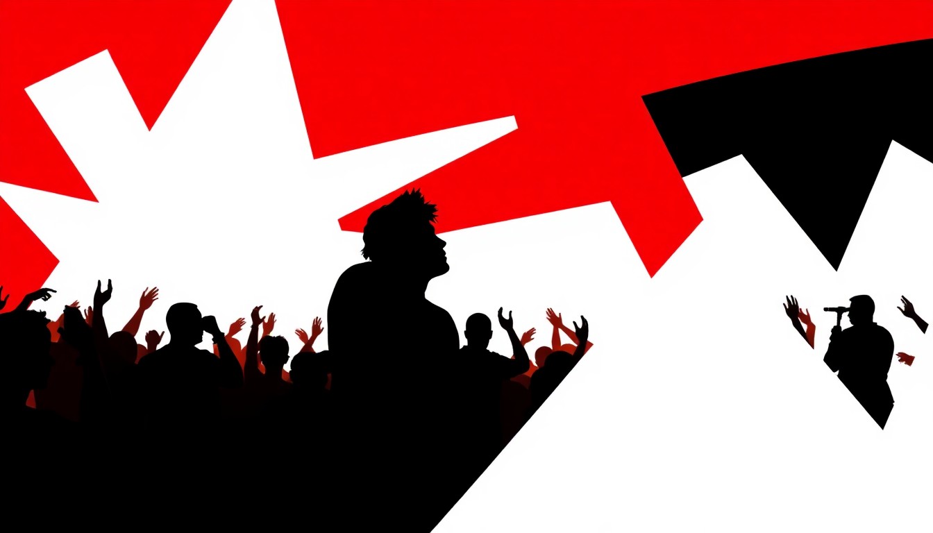 An abstract, minimalist illustration featuring bold, jagged shapes and silhouettes in high-contrast red and white, conceptually representing a 90s music festival with iconic artists.