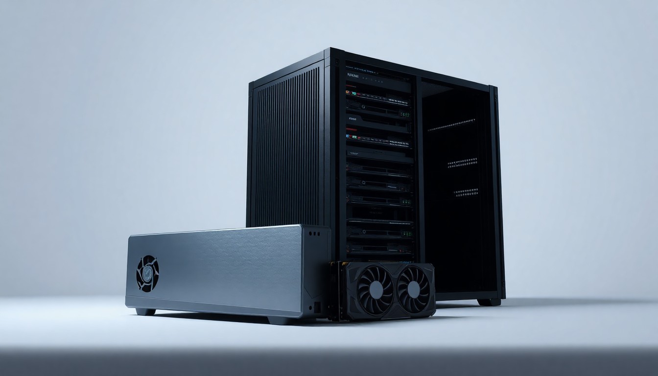A high-end, photorealistic studio still-life photograph featuring sleek, polished data server racks, GPU cards, and a metallic power supply unit arranged elegantly on a clean, monochromatic background, conceptually representing Digi Power X's focus on AI infrastructure and GPU-as-a-Service.