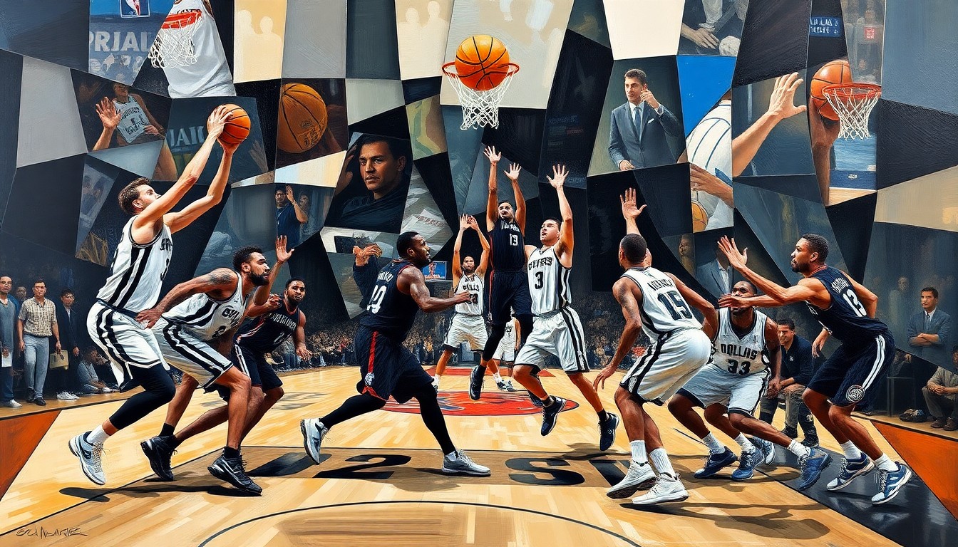 An abstract, cubist-style painting depicting a basketball game between the San Antonio Spurs and Dallas Mavericks. The players' forms are fragmented and abstracted into sharp, overlapping geometric shapes, capturing the dynamic energy and movement of the game.