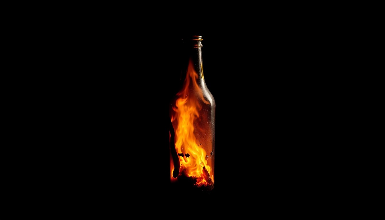 An extreme close-up of a charred, melted glass bottle with a blackened wick, conceptually representing the aftermath of a firebomb attack on a small business.