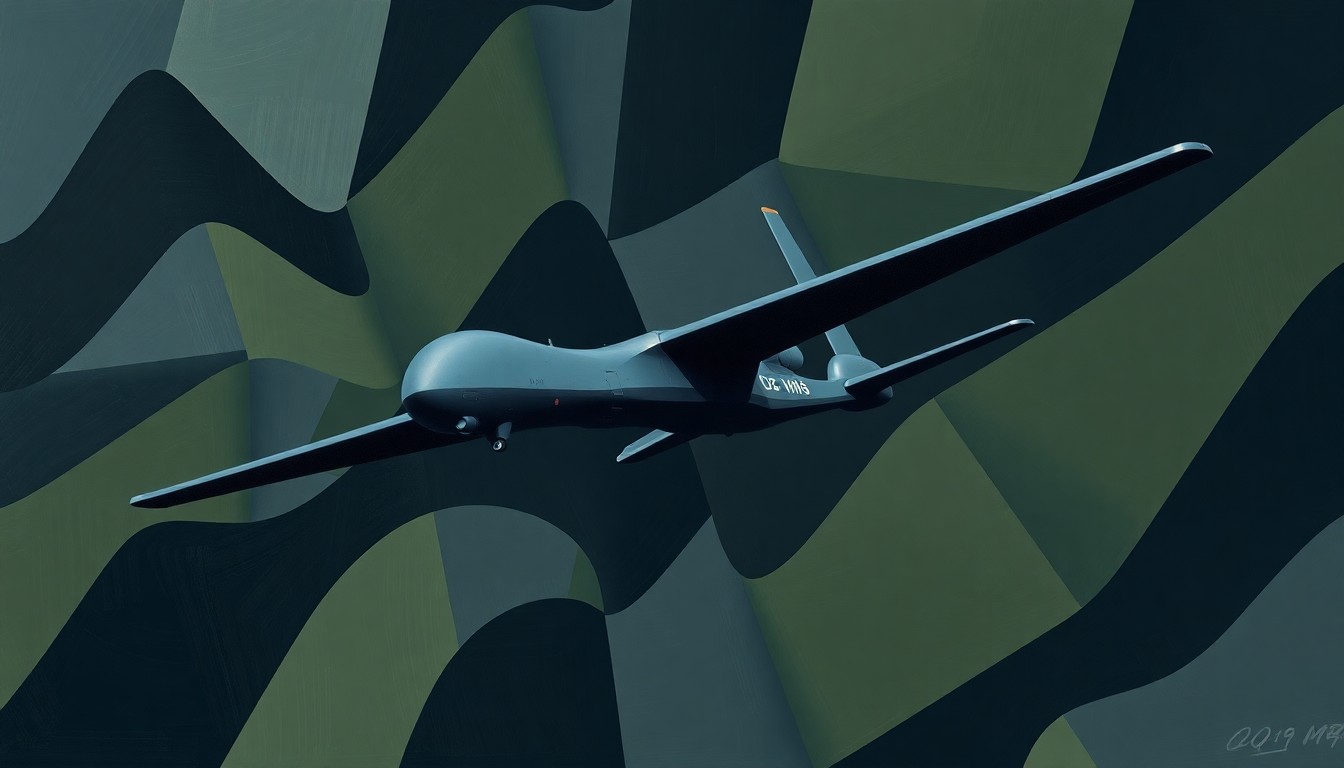 An abstract, fragmented painting depicting an MQ-9 Reaper drone in flight, with overlapping geometric shapes and brushstrokes in shades of grey, blue, and green, conveying a sense of motion and disruption.