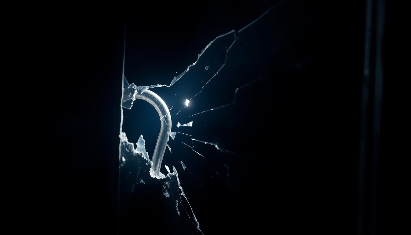 An extreme close-up photograph of a shattered lock or broken window frame, capturing the aftermath of a burglary in a stark, gritty visual style.