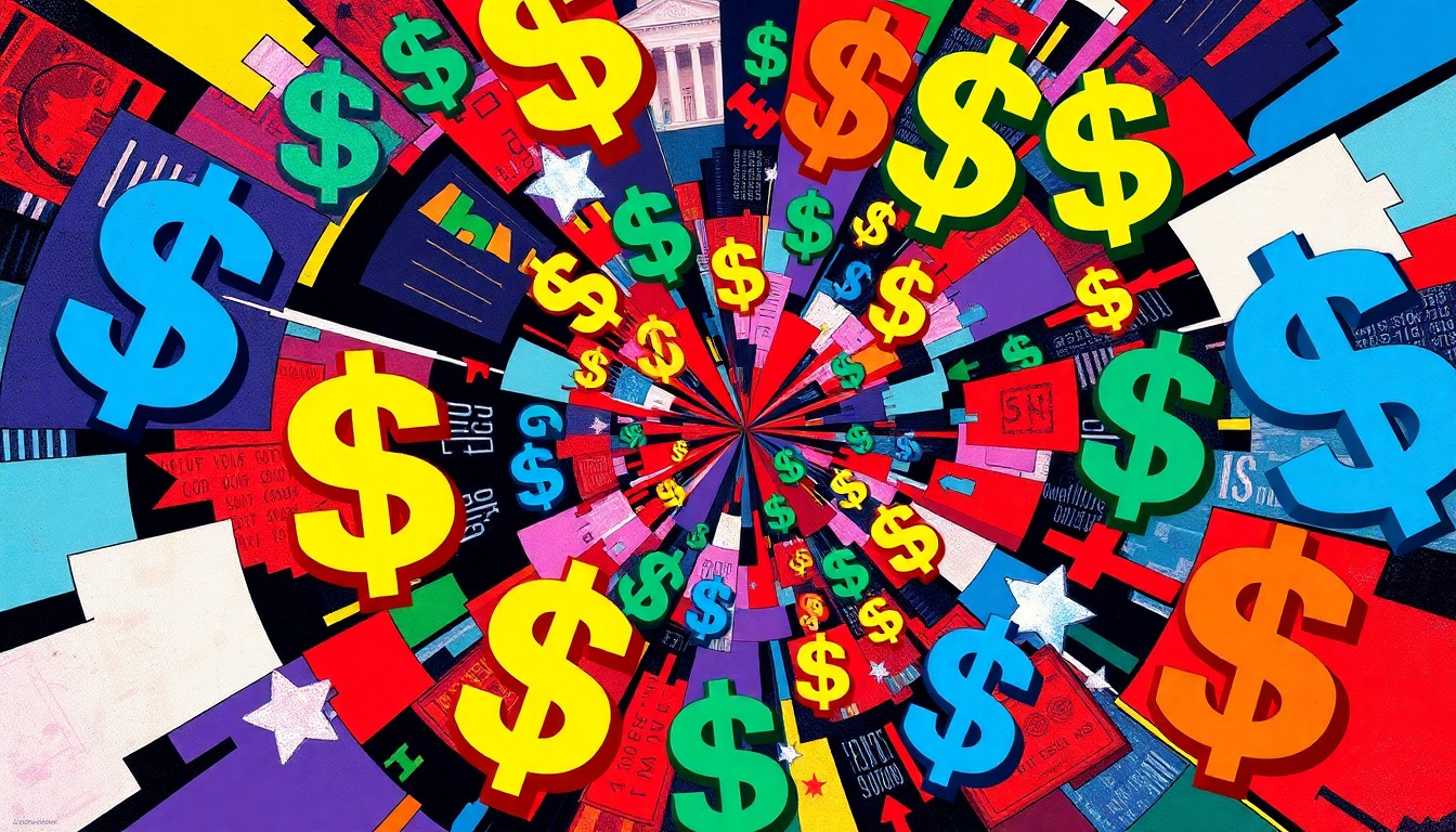 A vibrant, abstract painting featuring overlapping, fractured shapes and symbols related to finance and politics, conveying the turbulent nature of the legal battle over prediction market regulation.